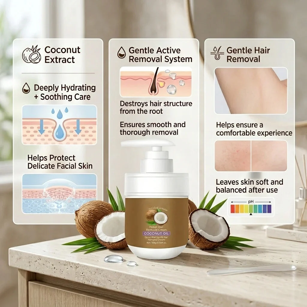 🥥 Painless Hair Removal — Face, Underarms, Legs, & Intimate Areas — Gentle Growth Inhibition: Coconut Hair Removal Cream - Image 8